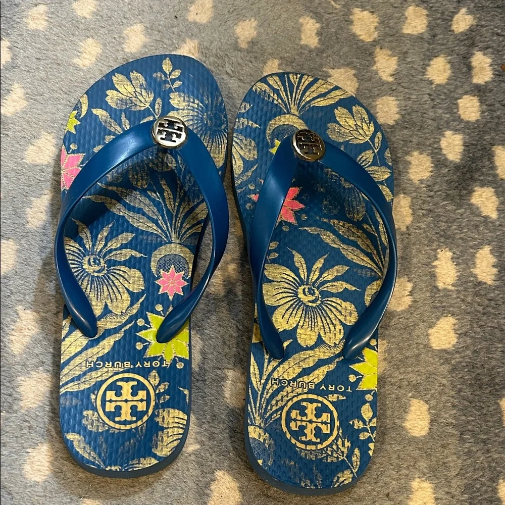 Tory Burch Navy and Gold Floral Sandals